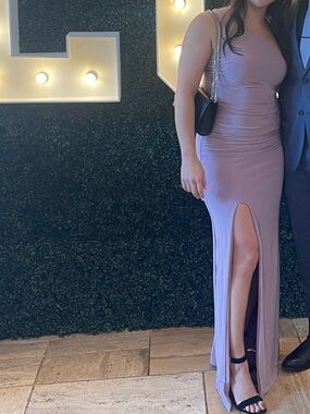 Club L London Mauve One-Shoulder Ruched Maxi Dress with Thigh Slit